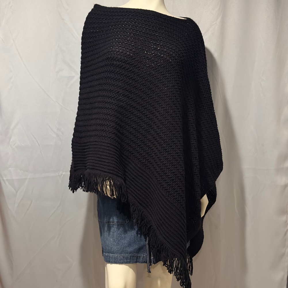Black Cotton Poncho Cape Fringe Boho Goth One Size Fits Most